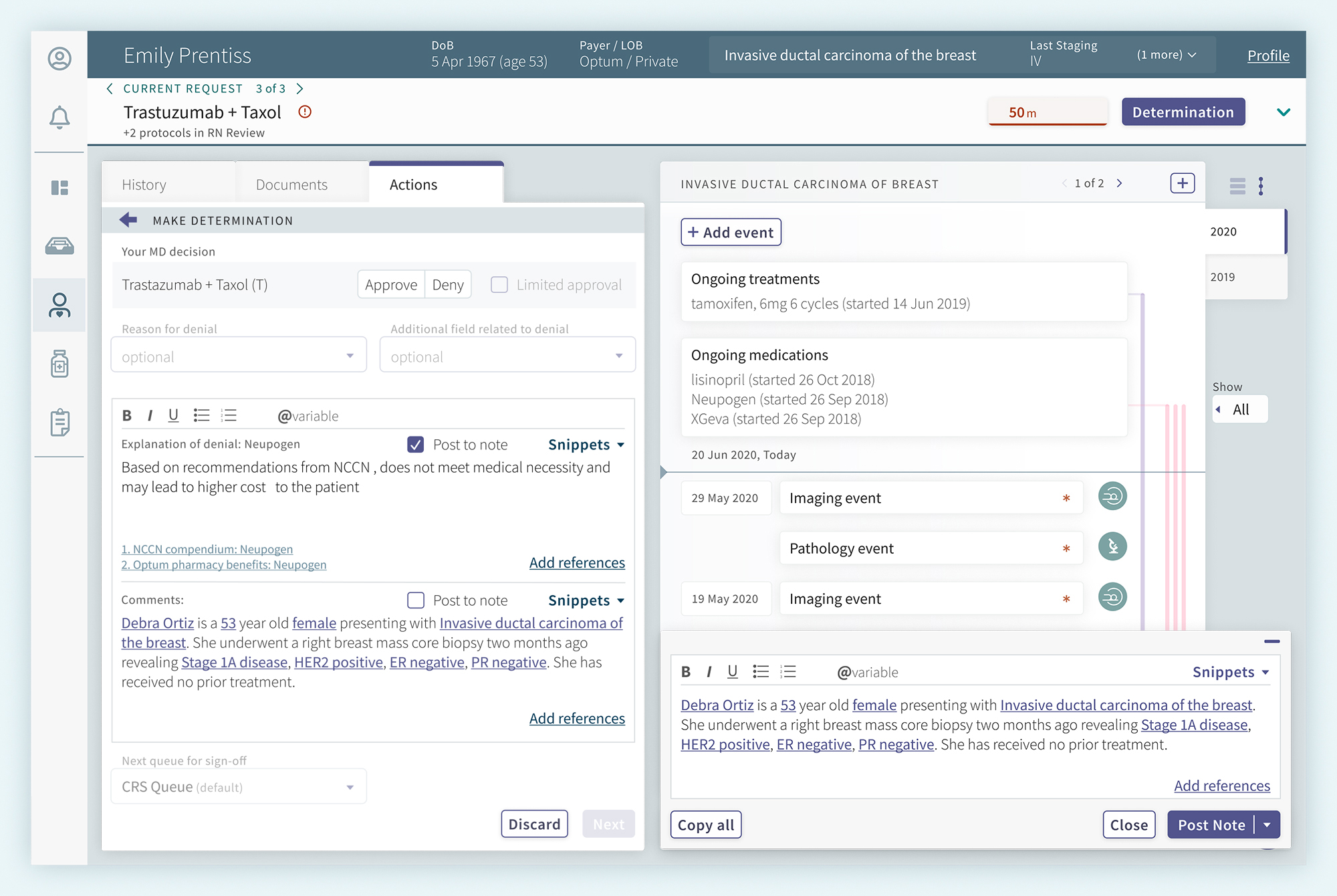 Displaying the case action tab with notes open and filled